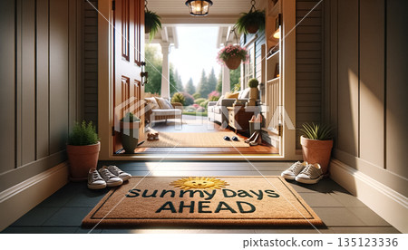 A warmly inviting doormat bearing the phrase Welcome to Our Nest sets a homely scene by a front door, flanked by slippers and moving boxes, hinting at the start of a new chapter in a cozy home. 135123336