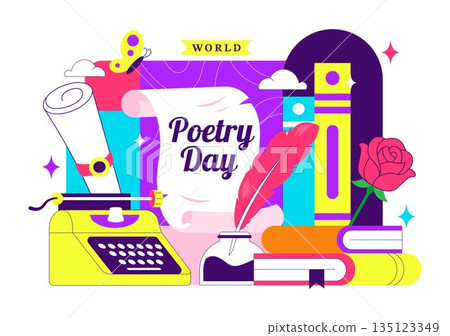 World Poetry Day Vector Illustration on March 21 Featuring Writing Tools Typewriter Literature Flat Cartoon Style Background World Poetry Day Vector Illustration on March 21 Featuring Writing Tools Typewriter Literature Flat Cartoon Style Background 135123349