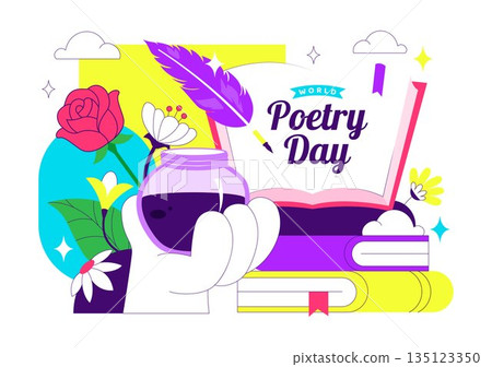 World Poetry Day Vector Illustration on March 21 Featuring Writing Tools Typewriter Literature Flat Cartoon Style Background 135123350
