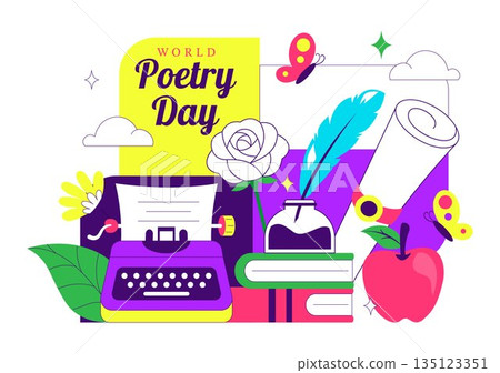World Poetry Day Vector Illustration on March 21 Featuring Writing Tools Typewriter Literature Flat Cartoon Style Background 135123351