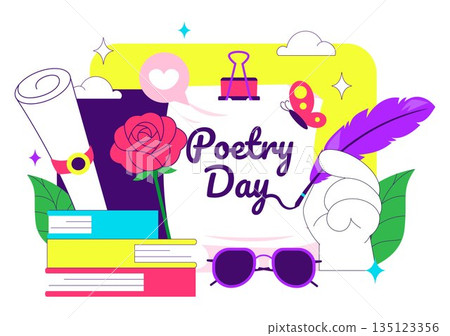World Poetry Day Vector Illustration on March 21 Featuring Writing Tools Typewriter Literature Flat Cartoon Style Background 135123356