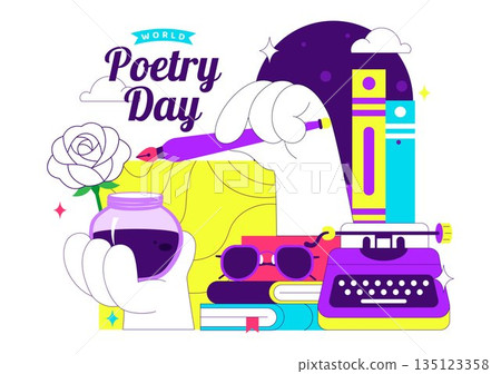World Poetry Day Vector Illustration on March 21 Featuring Writing Tools Typewriter Literature Flat Cartoon Style Background 135123358