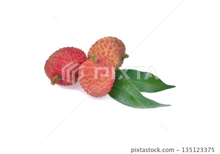 Lychee with leaves isolated on white background. 135123375