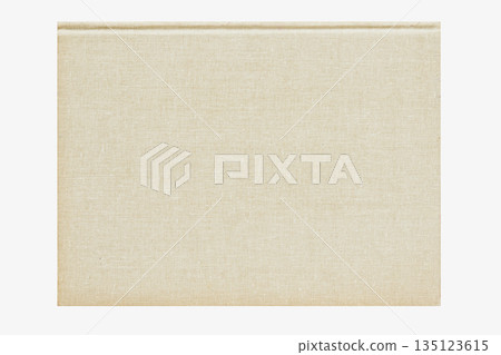 Square beige fabric book cover with subtle texture and clean edges, isolated on white. Natural background for book mockup, stationery design, product presentation. Copy space 135123615