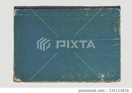 Hardcover book on white background. Worn teal book cover with vintage paper texture, scratches. Aged retro style, academic nostalgia minimalist background, copy space Hardcover book on white background. Worn teal book cover with vintage paper texture, scratches. Aged retro style, academic nostalgia minimalist background, copy space 135123616