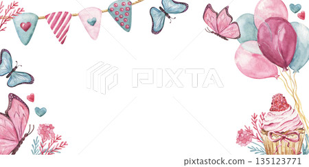 Valentine frame with festive elements watercolor illustration Valentine frame with festive elements watercolor illustration 135123771