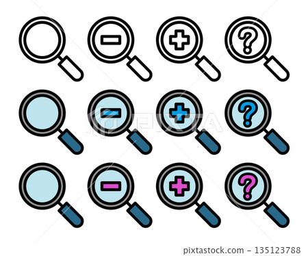 Magnifying glass icon zoom in, zoom out, question. 135123788