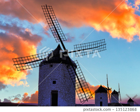 Beautiful sunset view of windmills in La Mancha 135123868