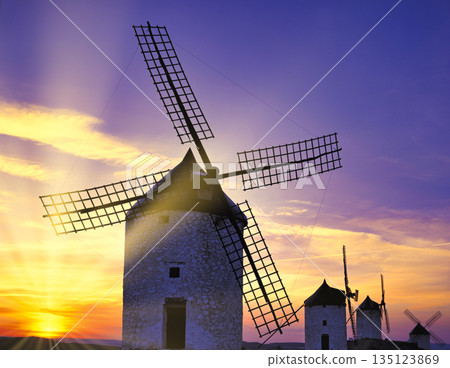 Beautiful sunset view of windmills in La Mancha 135123869