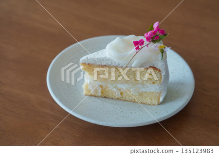 coconut cake in white ceramic plate on wooden floor background, dessert, food, fashion, decor, object, snack, copy space 135123983