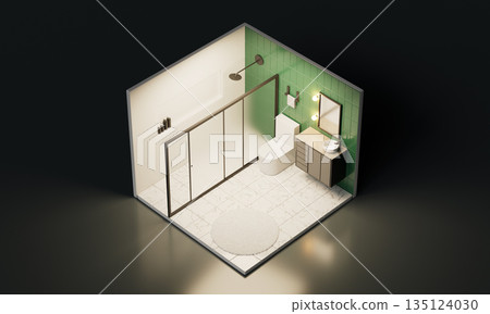 Isometric Cozy Modern Bathroom Interior with Green Tiles and Shower 135124030