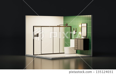 Isometric Cozy Modern Bathroom Interior with Green Tiles and Shower Isometric Cozy Modern Bathroom Interior with Green Tiles and Shower 135124031