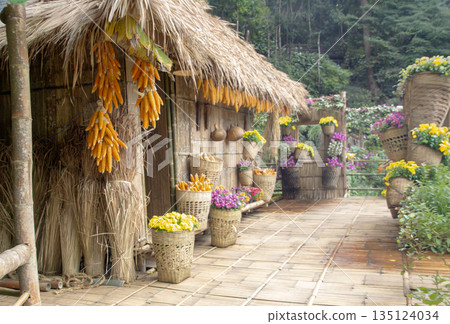 Traditional bamboo hut decorated with dried corn harvest and colorful flowers in a rural village. Rustic farmhouse exterior and organic gardening concept 135124034