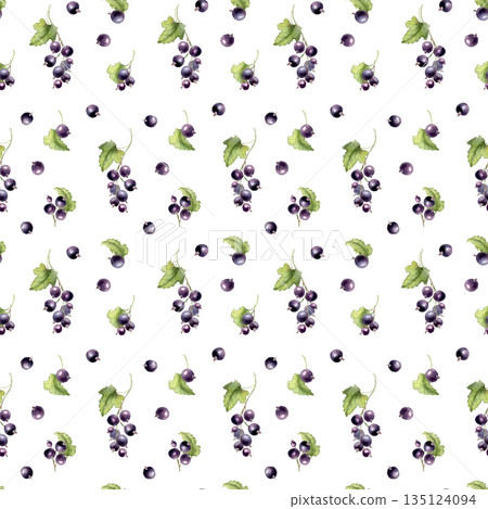 Watercolor seamless pattern with greenery black berries isolated on white. Summer print with fresh garden blackcurrant plants. Botanical repeat background for fabric, wallpaper, card, and food design. Watercolor seamless pattern with greenery black berries isolated on white. Summer print with fresh garden blackcurrant plants. Botanical repeat background for fabric, wallpaper, card, and food design. 135124094