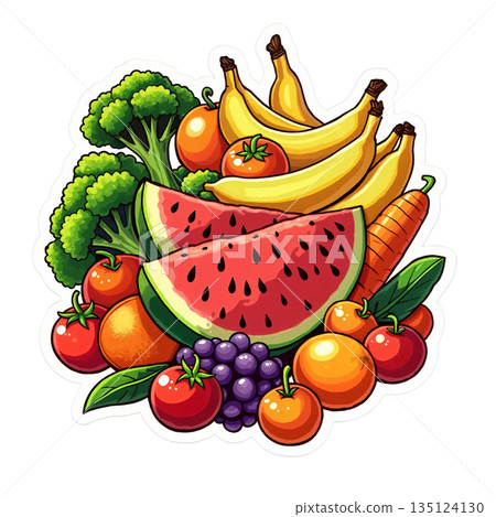 The composition includes watermelon slices, a bunch of grapes, whole and cut oranges and bananas 135124130