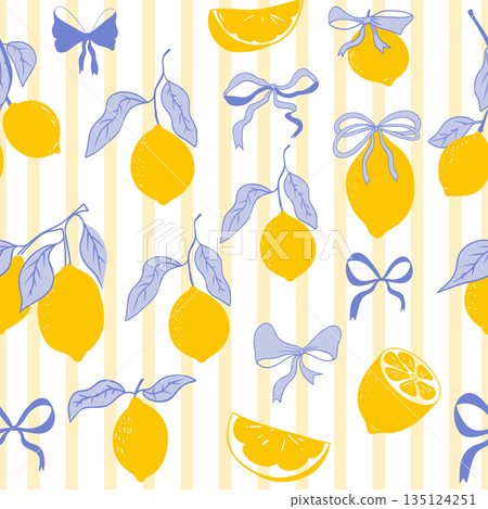 Cute coquette print lemon pattern, bow, stripes. Floral trellis citrus bg, background. Lemon with leaves, lemon slice, part. Cute coquette print lemon pattern, bow, stripes. Floral trellis citrus bg, background. Lemon with leaves, lemon slice, part. 135124251