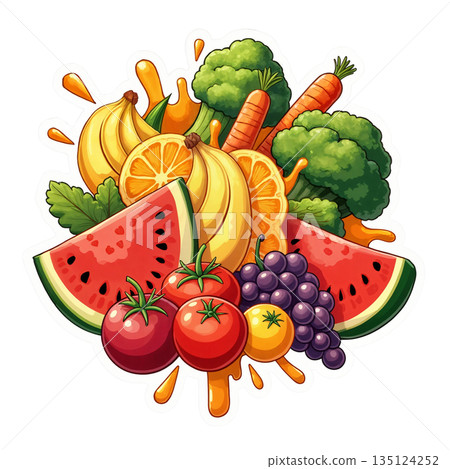 The image shows a bright cartoon illustration of an assortment of fresh fruits and vegetables, done in vector style 135124252