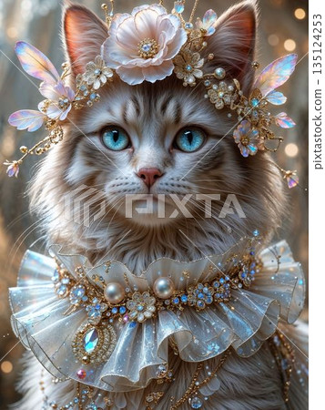 Portrait illustration of a cat wearing a flower crown 135124253