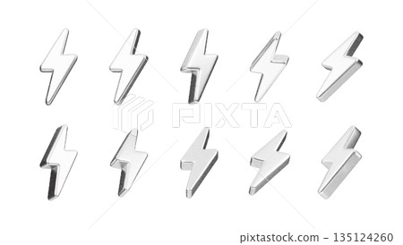 Lightning bolt symbol in 3D style with grunge halftone texture. Energy icon featuring thunder graphic with grain effect and vintage pop art aesthetic for modern design. Lightning bolt symbol in 3D style with grunge halftone texture. Energy icon featuring thunder graphic with grain effect and vintage pop art aesthetic for modern design. 135124260