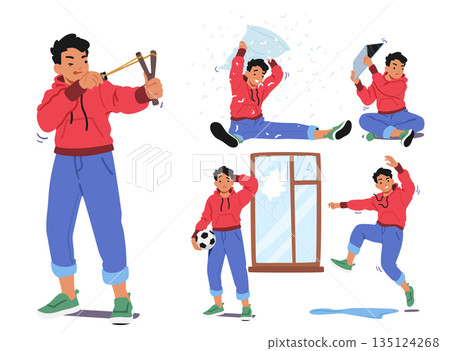 Set Mischievous Boy Character Wreaking Havoc, Causing Mischief And Chaos Wherever He Goes With A Smirk On His Face Set Mischievous Boy Character Wreaking Havoc, Causing Mischief And Chaos Wherever He Goes With A Smirk On His Face 135124268