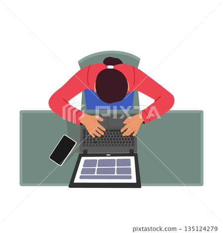 Female Character Sitting At Office Desk With Laptop And Smartphone Top View. Businesswoman Sitting At Table 135124279