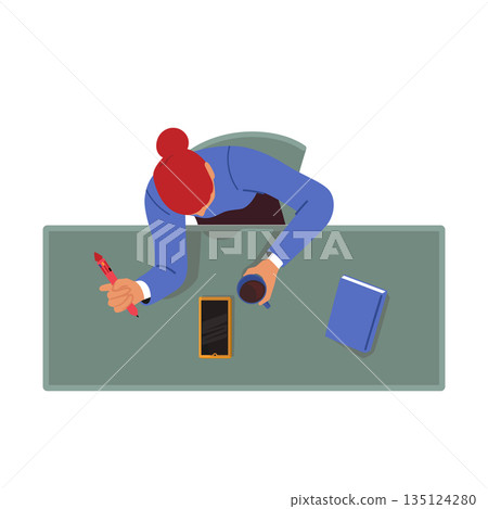 Female Character Manager Or Clerk Sitting At Workplace In Office With Smartphone And Coffee Cup Top View 135124280