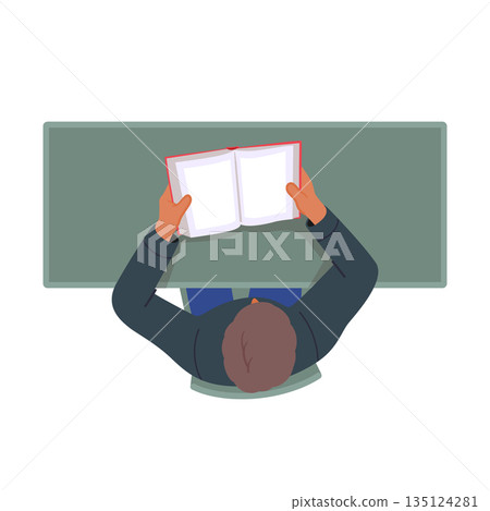 Male Character Sitting At Desk Reading Book. Man At Workplace In Office Or Home Top View. Person Read, Relax Male Character Sitting At Desk Reading Book. Man At Workplace In Office Or Home Top View. Person Read, Relax 135124281