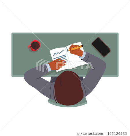 Male Character Sitting At Workplace In Office Writing In Diary, Making Notes Top View Isolated On White Background Male Character Sitting At Workplace In Office Writing In Diary, Making Notes Top View Isolated On White Background 135124283