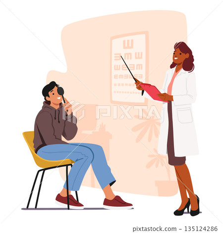 Ophthalmologist Doctor Check Up Patient Eyesight For Vision Correction. Oculist Character Conduct Eyecheck Optician Exam 135124286