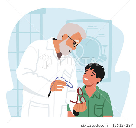 Senior Doctor Ophthalmologist Male Character Giving Eyeglasses to Little Boy. Vision Diseases Treatment and Diagnostics Senior Doctor Ophthalmologist Male Character Giving Eyeglasses to Little Boy. Vision Diseases Treatment and Diagnostics 135124287