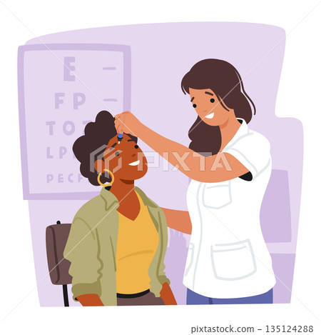 Doctor Female Character Dripping Drops in Patient Eye Suffering of DES, Dry Eyes Syndrome and Conjunctivitis Disease 135124288