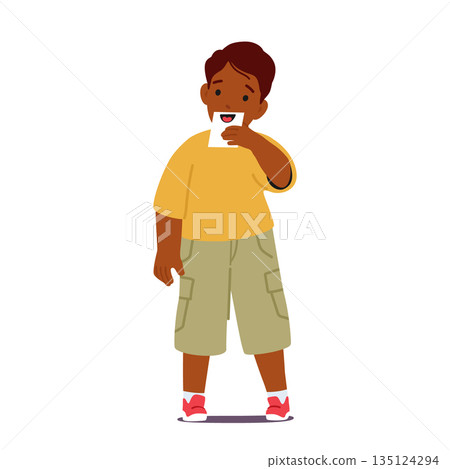 Little Boy Character Displays His Drawing Of The Mouth As Part Of A Project On The Human Five Sense Organs Concept 135124294
