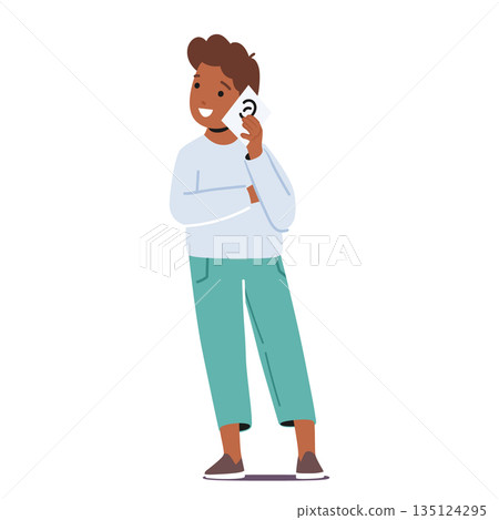 Little Boy Character Stands With A Card Displaying A Drawing Of An Ear, Showcasing His Understanding Of The Human Senses 135124295