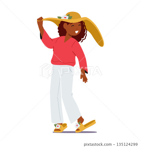 Young Girl Wearing Oversized Pair Of Her Mother Slippers And Summer Straw Hat. Child Exploring Her Feminine Side Young Girl Wearing Oversized Pair Of Her Mother Slippers And Summer Straw Hat. Child Exploring Her Feminine Side 135124299
