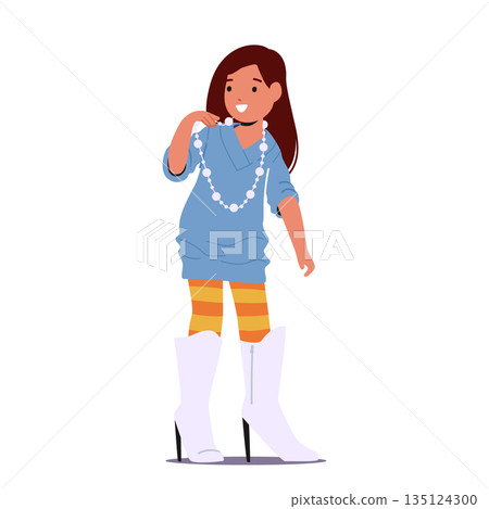 Little Girl Trying On Her Mother Boots On High Heels, Struggling To Walk In Them As She Playfully Imitates Her Mom Little Girl Trying On Her Mother Boots On High Heels, Struggling To Walk In Them As She Playfully Imitates Her Mom 135124300