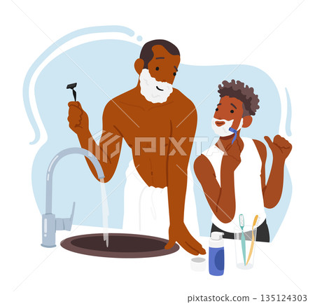 Father And Son Share Shaving Experience. Adult Man And Teenager Characters Stand In Front Of Mirror, Apply Cream 135124303