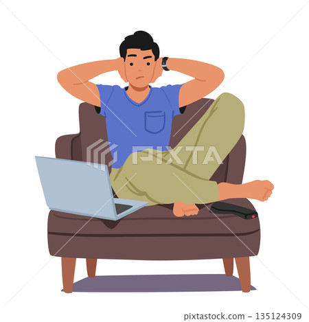 Man Grimacing, Hands Over Ears, Laptop Displaying Fake News Headline. Frustration And Disbelief Evident In Expression 135124309