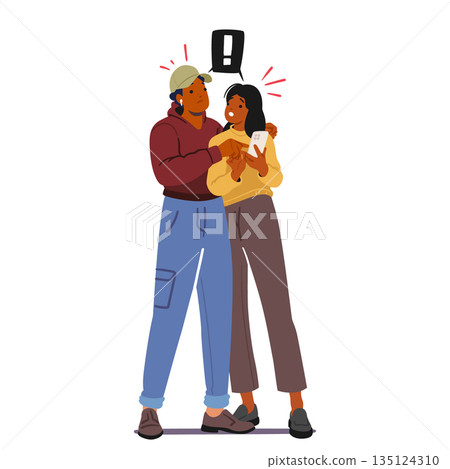 Startled Couple Characters Watch Fake News On Phone, Expressions Filled With Disbelief And Concern, Vector Illustration Startled Couple Characters Watch Fake News On Phone, Expressions Filled With Disbelief And Concern, Vector Illustration 135124310