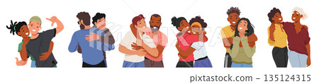 Friends Embrace Warmly, Their Smiles Evident As They Share Heartfelt Hug, Conveying Their Deep Bond, Vector Illustration 135124315