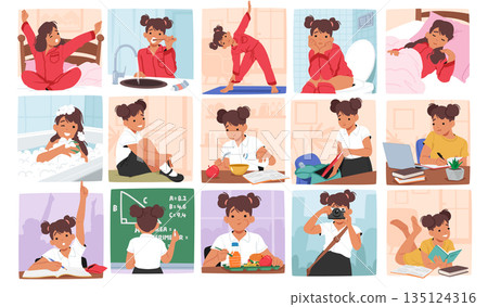 Little Girl Daily Routine. Character Wake Up, Brushes Teeth, Exercise, Eat Breakfast, Get Dressed, School, Lunch, Hobby 135124316
