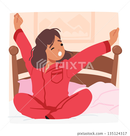 Little Girl Wakes Up, Stretches Arms And Body Sitting On Bed. Child Character Awakening With A Yawn, Eyes Flutter Open Little Girl Wakes Up, Stretches Arms And Body Sitting On Bed. Child Character Awakening With A Yawn, Eyes Flutter Open 135124317