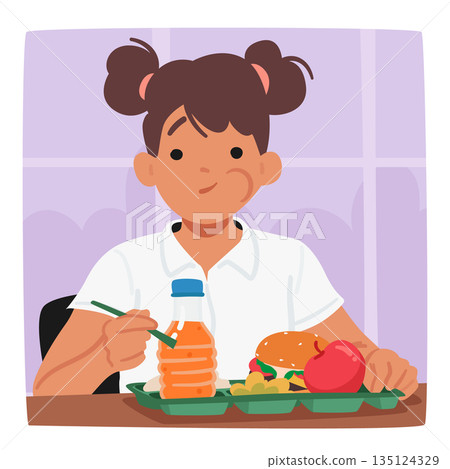 Young Schoolgirl Enjoying Her Lunch Break,little Pupil Girl Character Savoring Every Bite With A Smile On Her Face 135124329