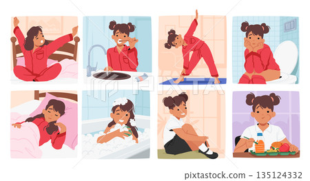 Little Girl Daily Routine. Character Wake Up, Brushes Teeth, Exercise, Eat Breakfast, Get Dressed, Munching School Lunch 135124332