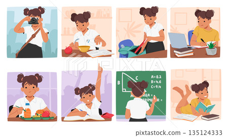 Girl Character School Day Routine. Student Putting Things into the Bag, Solve Task on Blackboard, Doing Homework 135124333