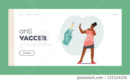 Anti Vaccer Landing Page Template. Woman Character Displaying Fear And Apprehension At The Sight Of A Needle Anti Vaccer Landing Page Template. Woman Character Displaying Fear And Apprehension At The Sight Of A Needle 135124338