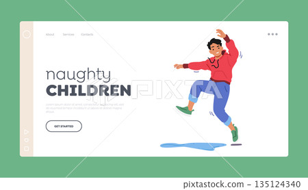 Naughty Children Landing Page Template. Boy Character Enjoying Playful And Mischievous Moments, Laughing 135124340
