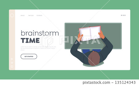 Brainstorm Time Landing Page Template. Male Character Sitting at Desk Reading Book. Man at Workplace in Office or Home Brainstorm Time Landing Page Template. Male Character Sitting at Desk Reading Book. Man at Workplace in Office or Home 135124343