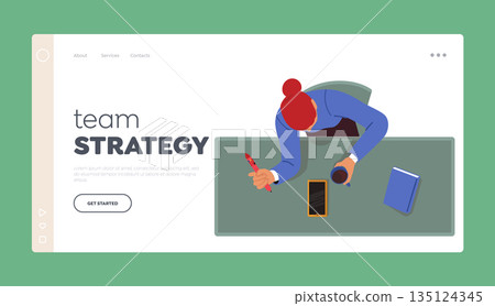 Team Strategy Landing Page Template. Female Character Manager or Clerk Sitting at Workplace in Office with Smartphone 135124345