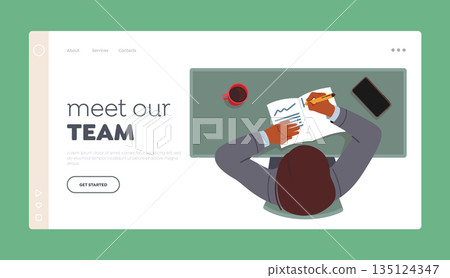 Meet our Team Landing Page Template. Male Character Sitting at Workplace in Office Writing in Diary, Making Notes Meet our Team Landing Page Template. Male Character Sitting at Workplace in Office Writing in Diary, Making Notes 135124347