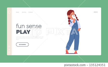 Fun Sense Play Landing Page Template. Little Girl Character Holding Card With Drawing Of Nose. Body Parts, Smell Sense 135124351